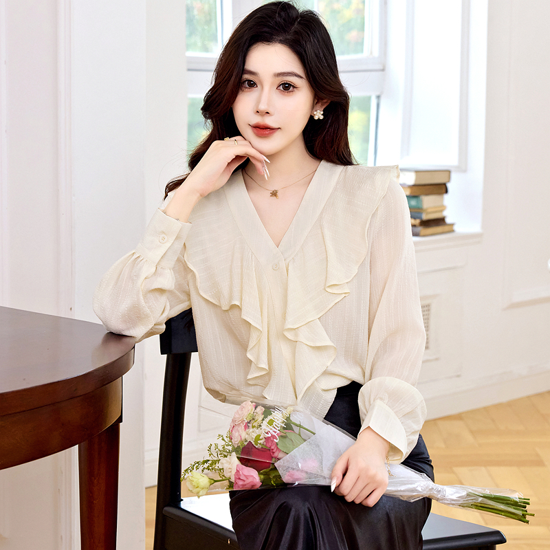Autumn long sleeve tops niche lotus leaf edges shirt for women