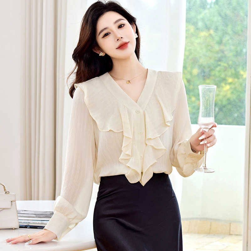 Autumn long sleeve tops niche lotus leaf edges shirt for women