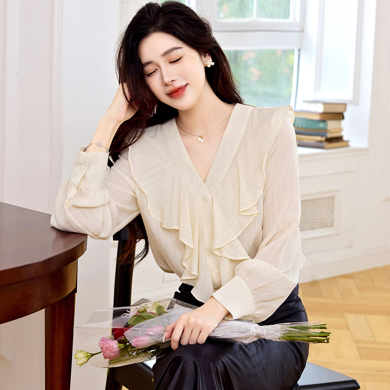 Autumn long sleeve tops niche lotus leaf edges shirt for women