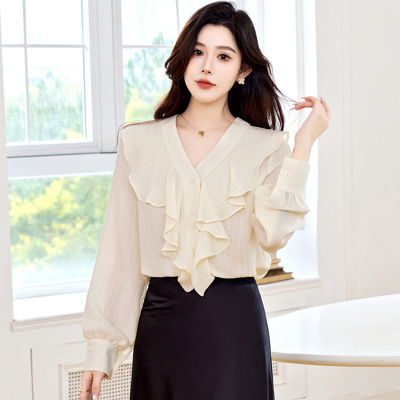 Autumn long sleeve tops niche lotus leaf edges shirt for women