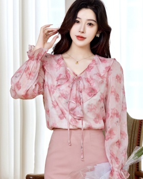 V-neck commuting chiffon shirt autumn tops for women