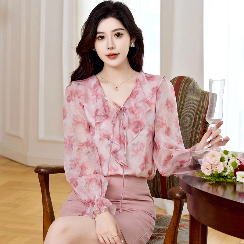 V-neck commuting chiffon shirt autumn tops for women