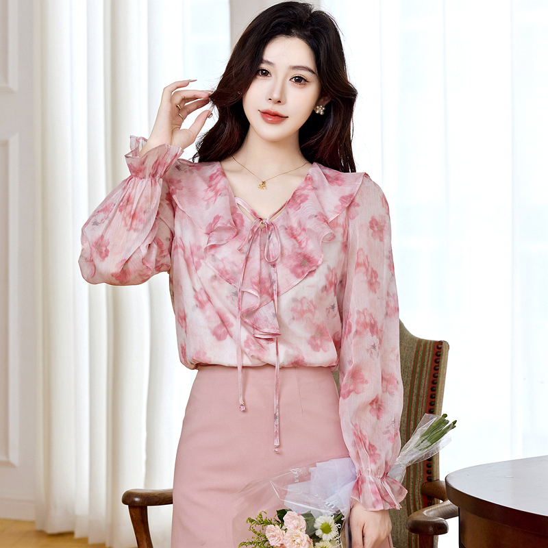 V-neck commuting chiffon shirt autumn tops for women