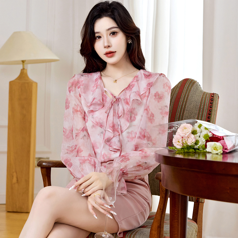 V-neck commuting chiffon shirt autumn tops for women