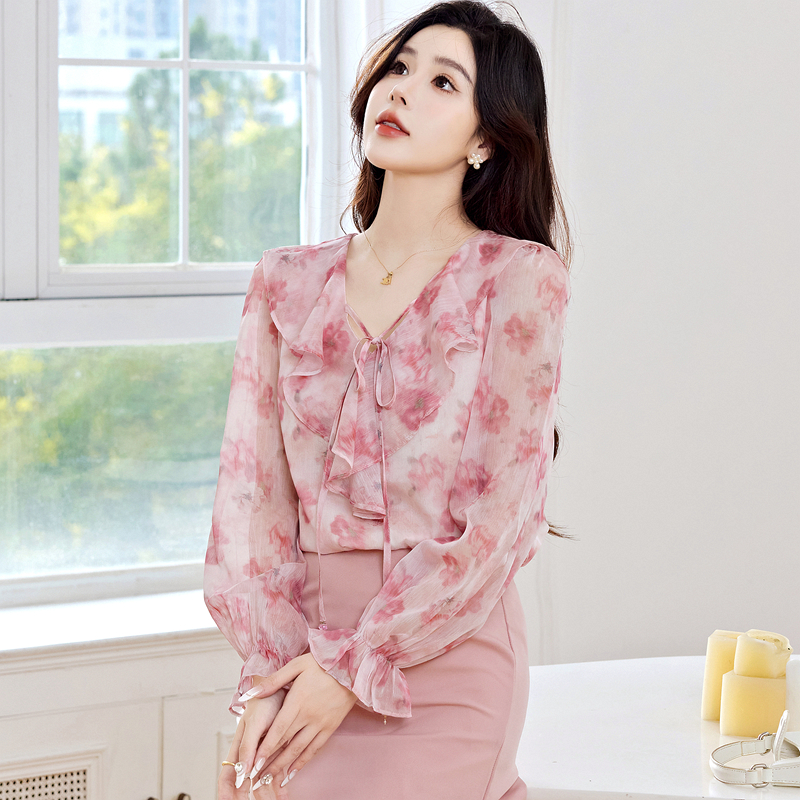 V-neck commuting chiffon shirt autumn tops for women