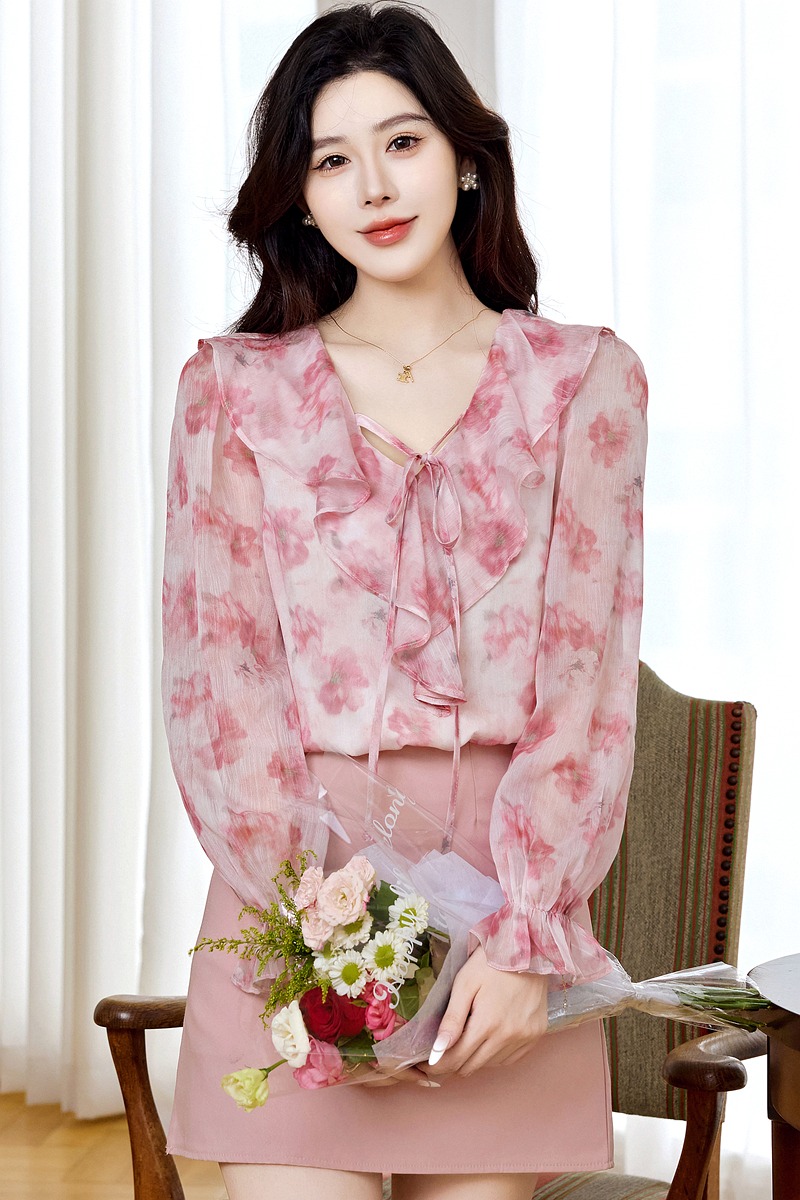 V-neck commuting chiffon shirt autumn tops for women