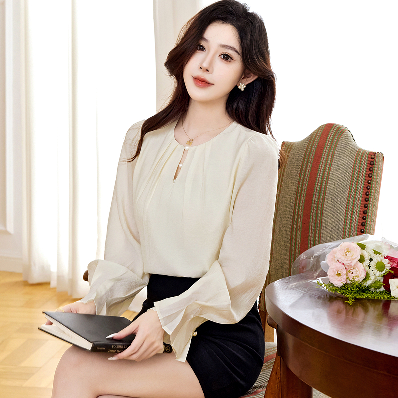 Round neck shirt long sleeve chiffon shirt for women