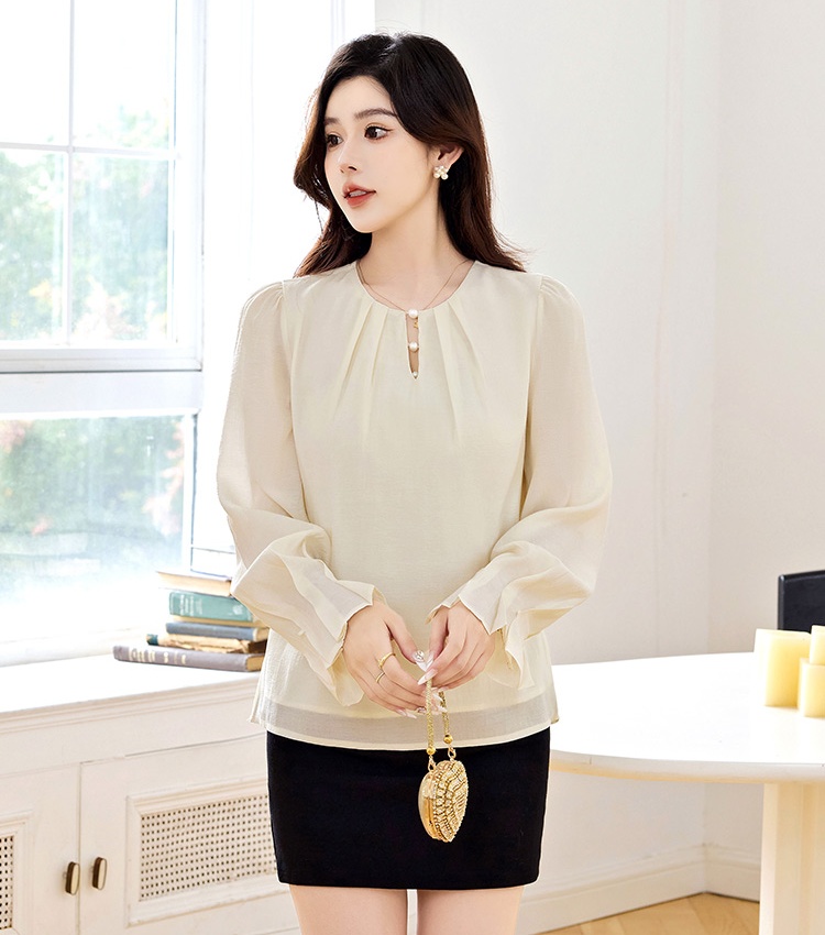 Round neck shirt long sleeve chiffon shirt for women