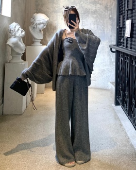 Autumn retro wide leg pants high waist knitted cardigan 3pcs set