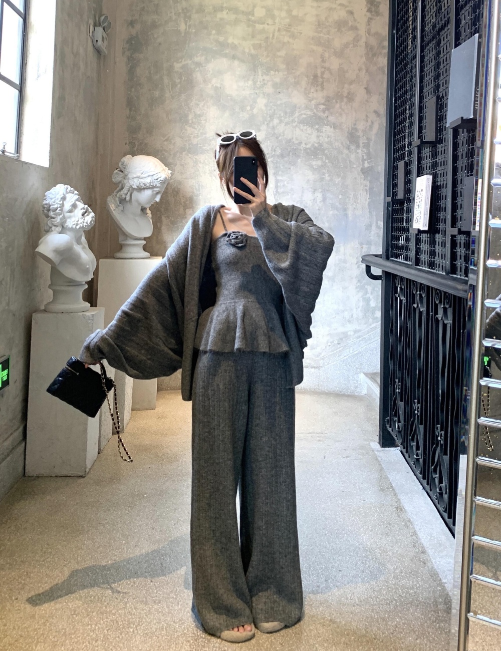 Autumn retro wide leg pants high waist knitted cardigan 3pcs set