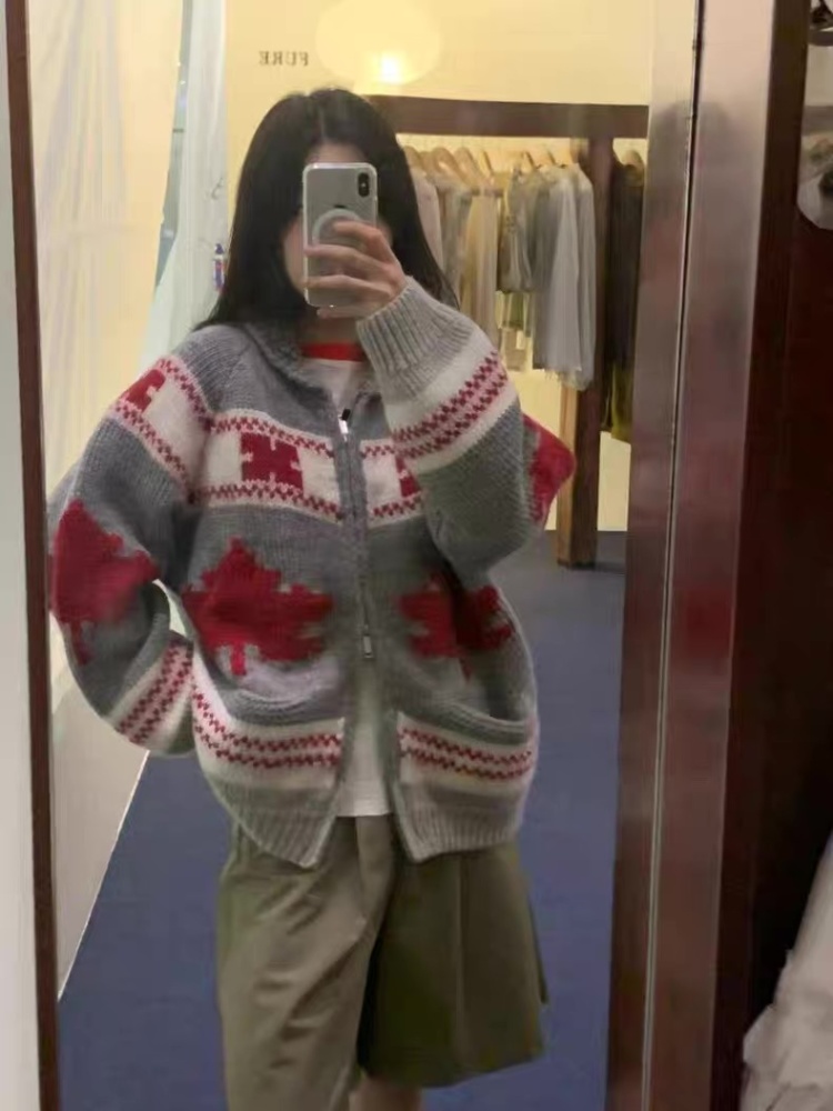 Korean style pattern autumn knitted lapel cardigan