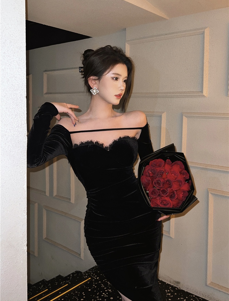 Sexy slim autumn dress strapless velvet formal dress