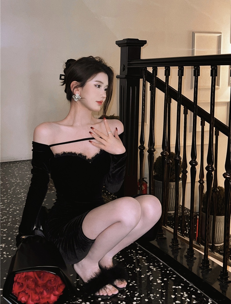 Sexy slim autumn dress strapless velvet formal dress