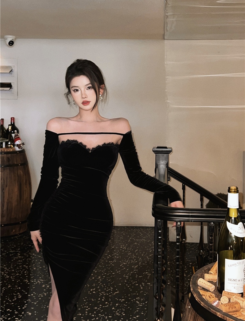 Sexy slim autumn dress strapless velvet formal dress