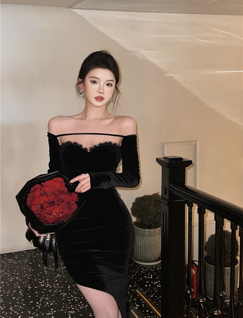 Sexy slim autumn dress strapless velvet formal dress
