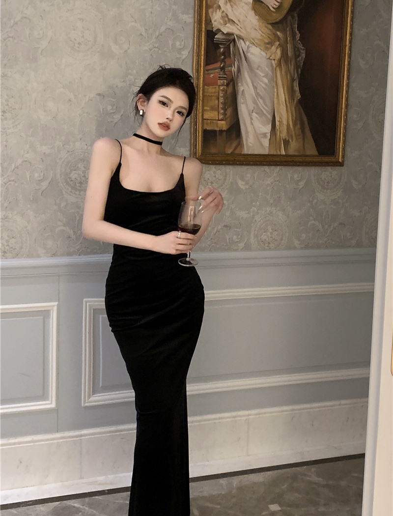 Velvet France style jumpsuit retro long dress for women