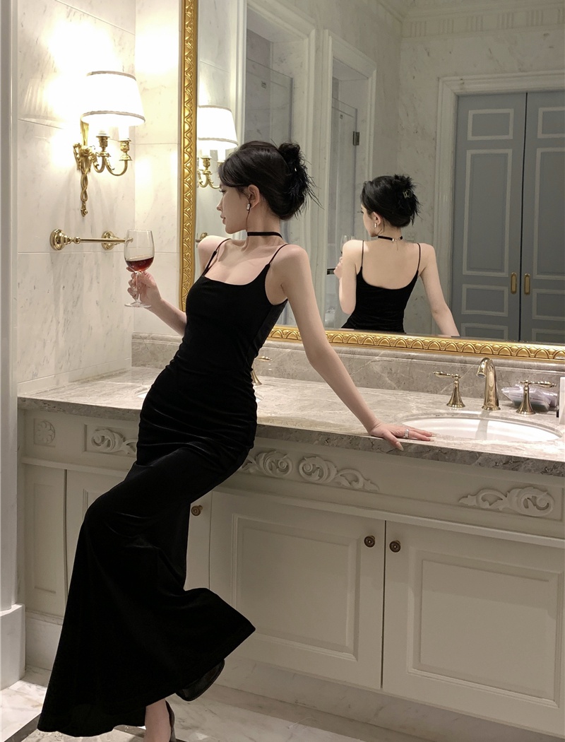 Velvet France style jumpsuit retro long dress for women