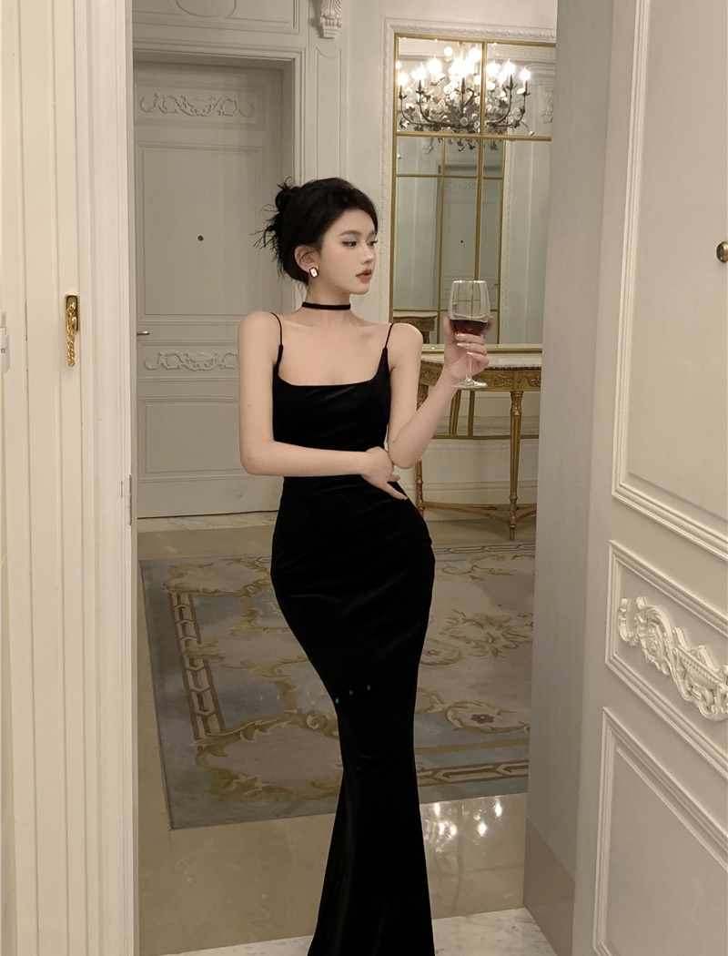 Velvet France style jumpsuit retro long dress for women