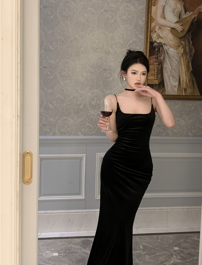 Velvet France style jumpsuit retro long dress for women