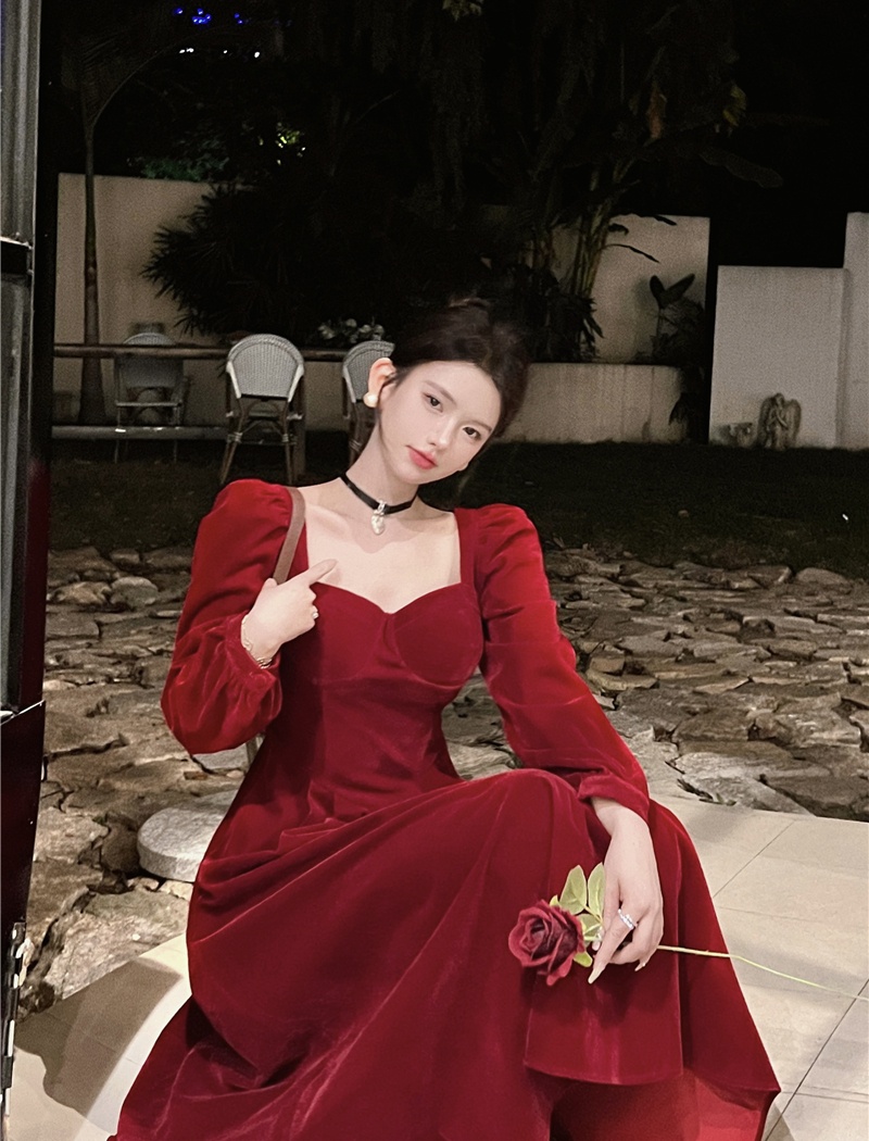 Red long sleeve formal dress wedding noble dress for women