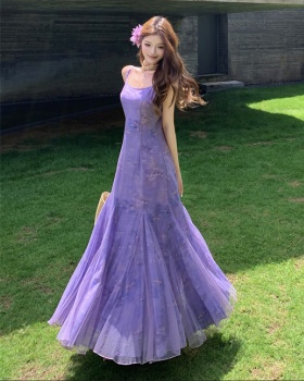 Sling painting purple vacation France style printing dress