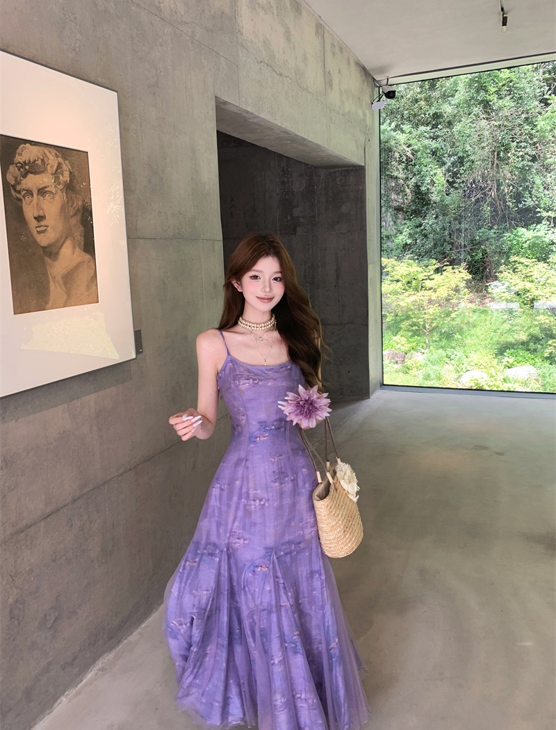 Sling painting purple vacation France style printing dress