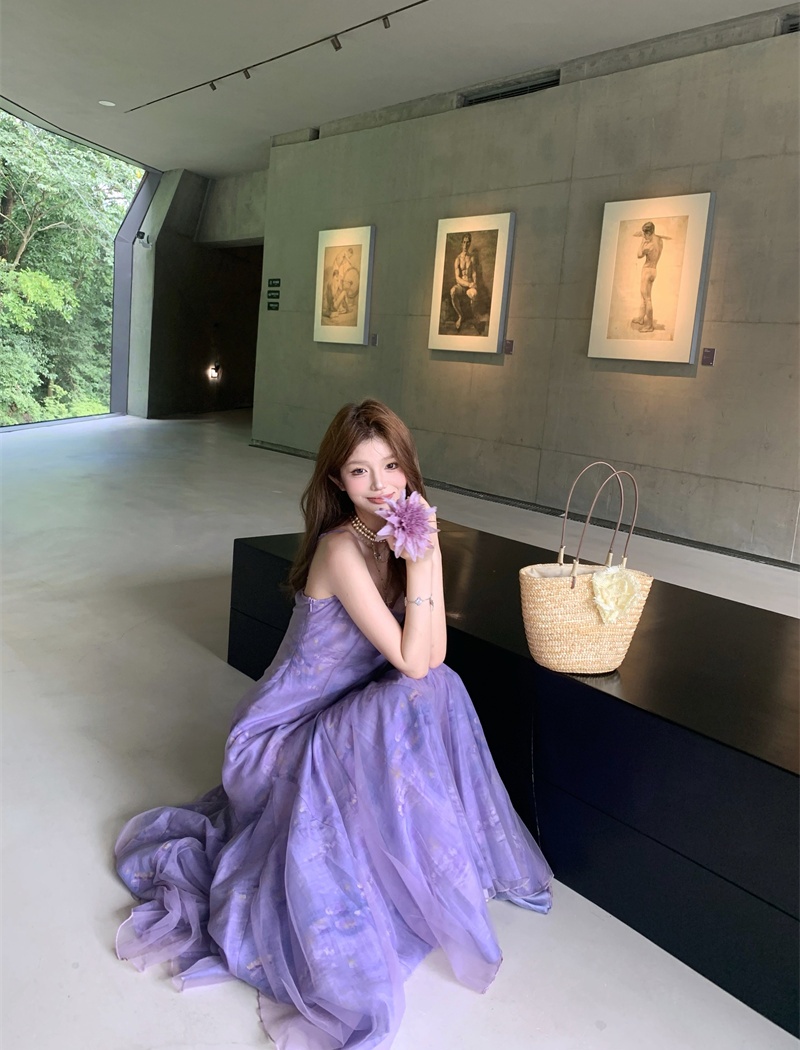 Sling painting purple vacation France style printing dress