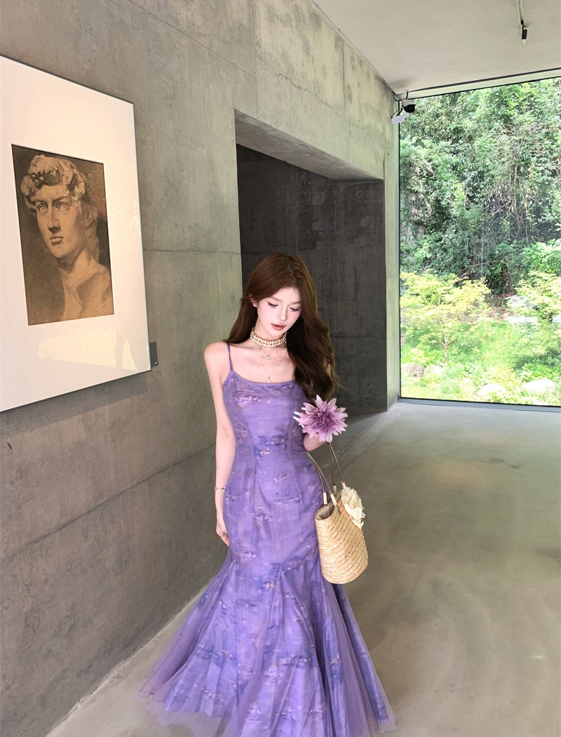 Sling painting purple vacation France style printing dress