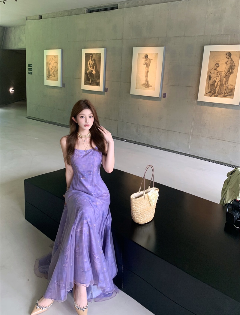 Sling painting purple vacation France style printing dress