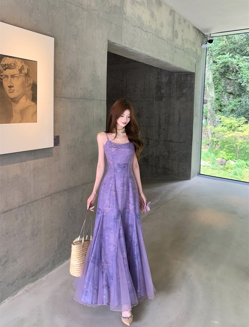 Sling painting purple vacation France style printing dress