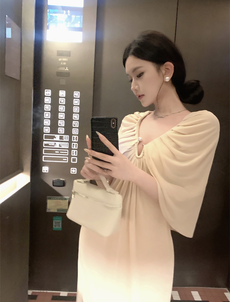 Classical romantic slim dress pearl buckle fold cloak