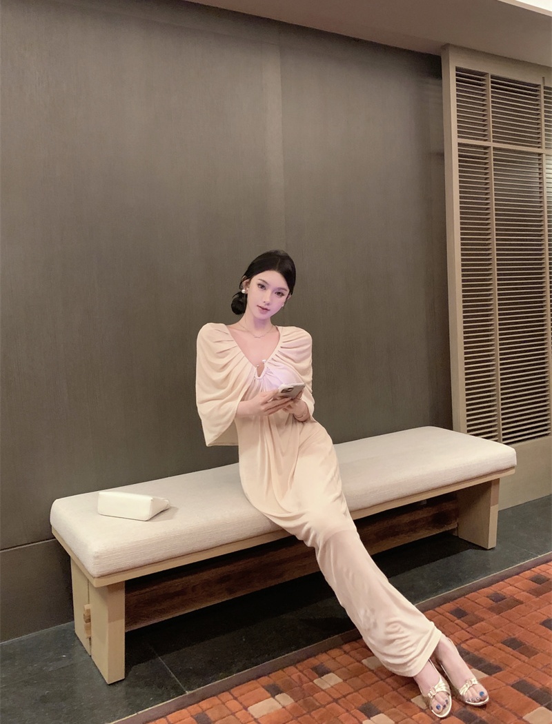Classical romantic slim dress pearl buckle fold cloak