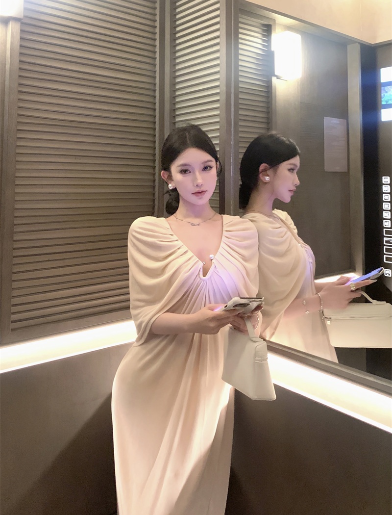 Classical romantic slim dress pearl buckle fold cloak