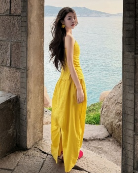 High waist wrapped chest skirt yellow tops 2pcs set for women