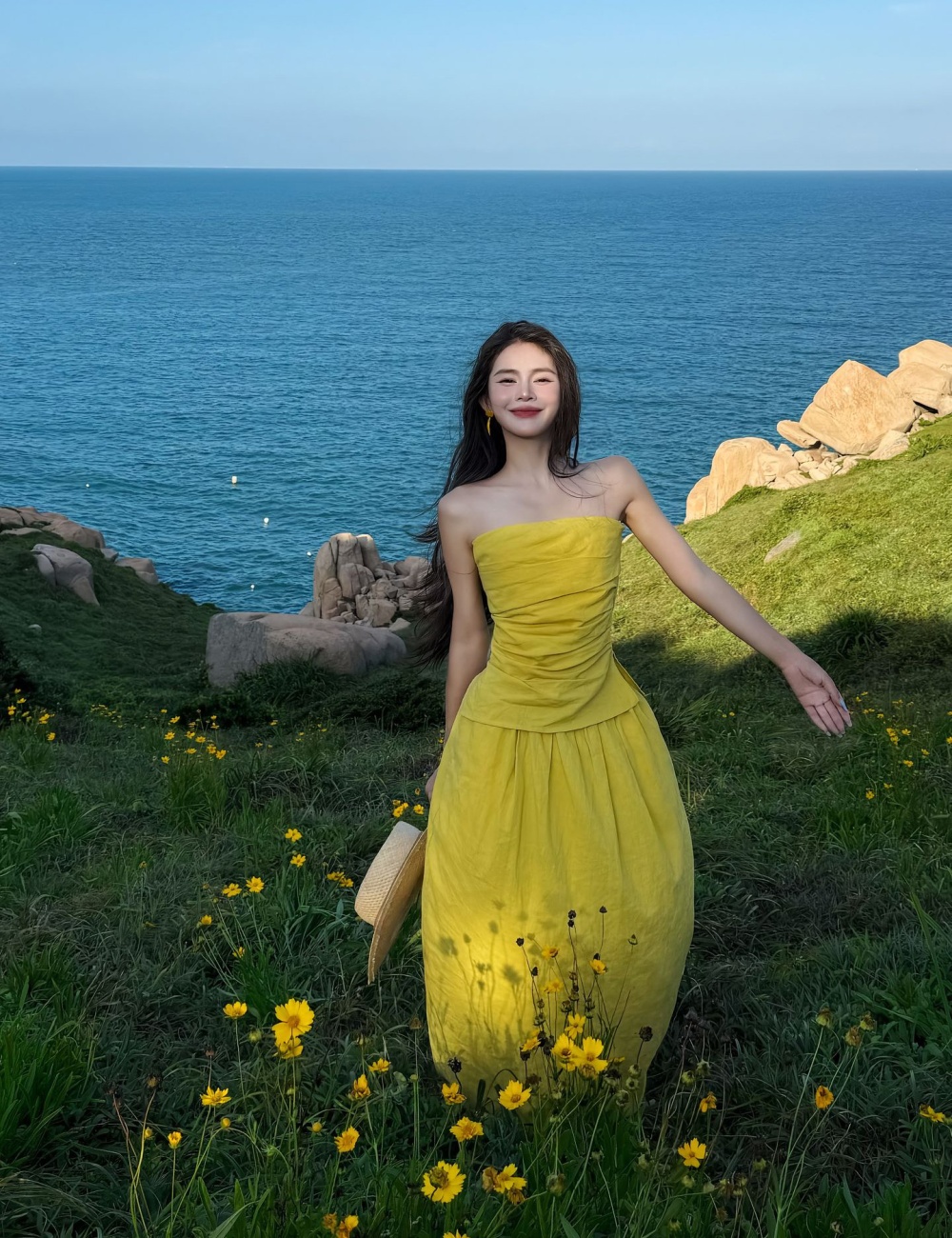 High waist wrapped chest skirt yellow tops 2pcs set for women