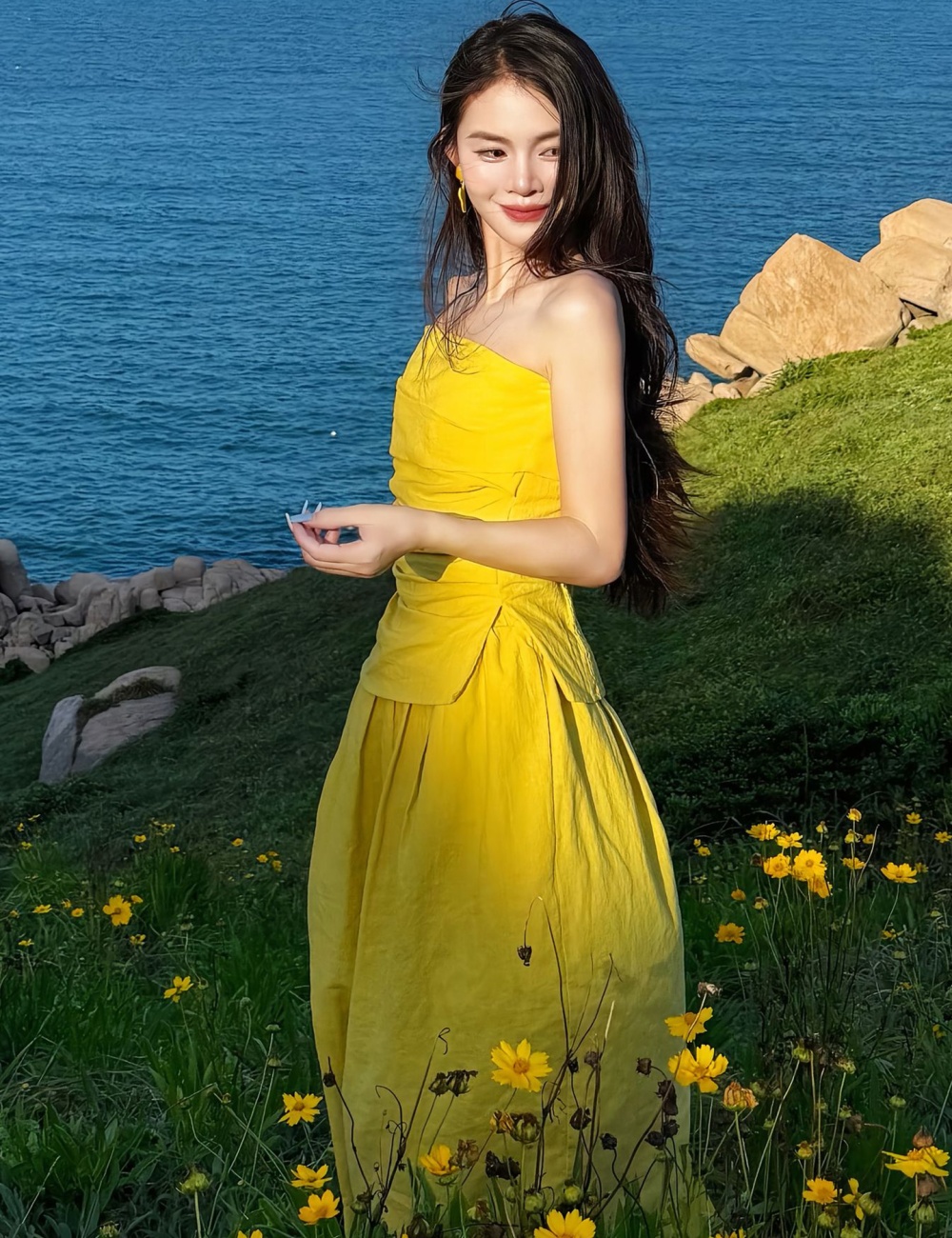 High waist wrapped chest skirt yellow tops 2pcs set for women