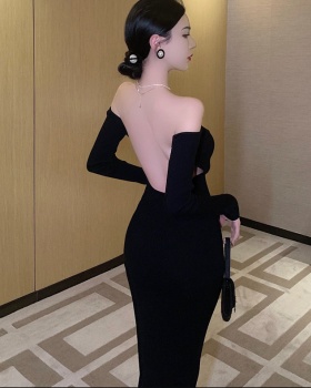 Temperament Hepburn style formal dress flat shoulder dress