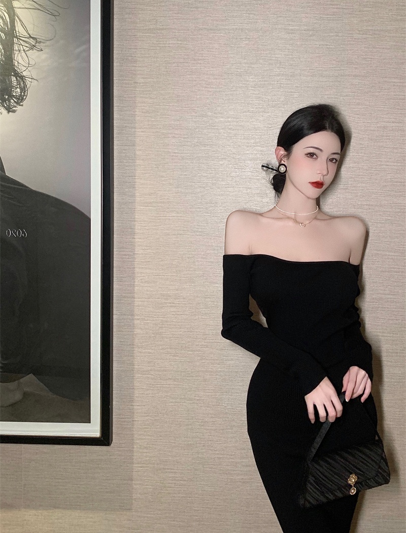 Temperament Hepburn style formal dress flat shoulder dress
