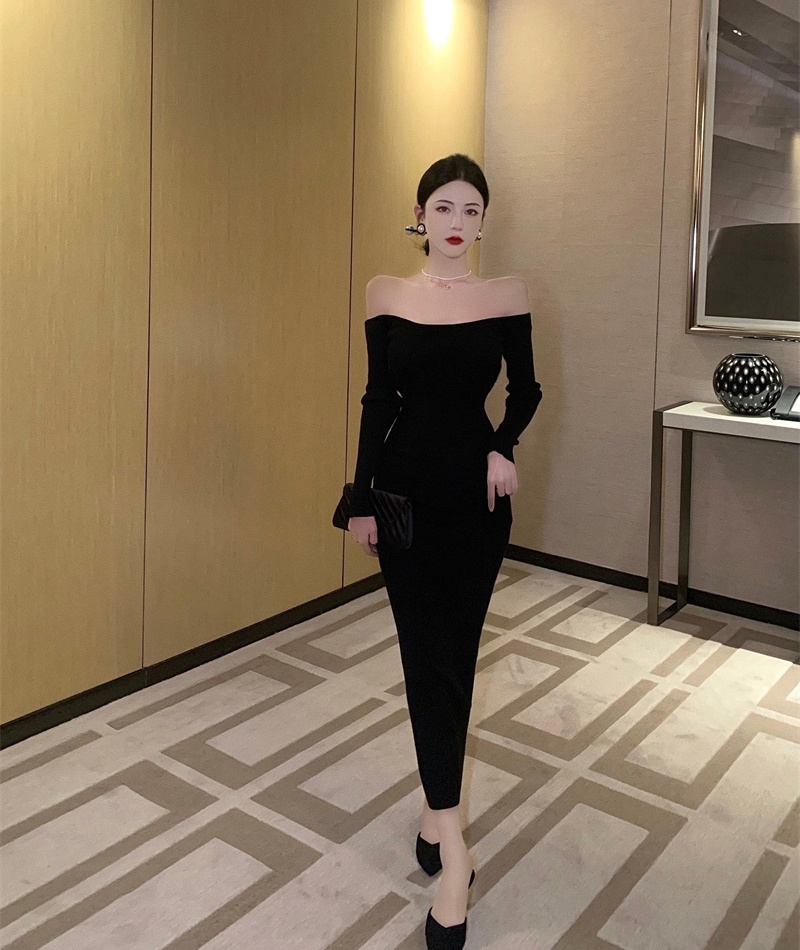 Temperament Hepburn style formal dress flat shoulder dress
