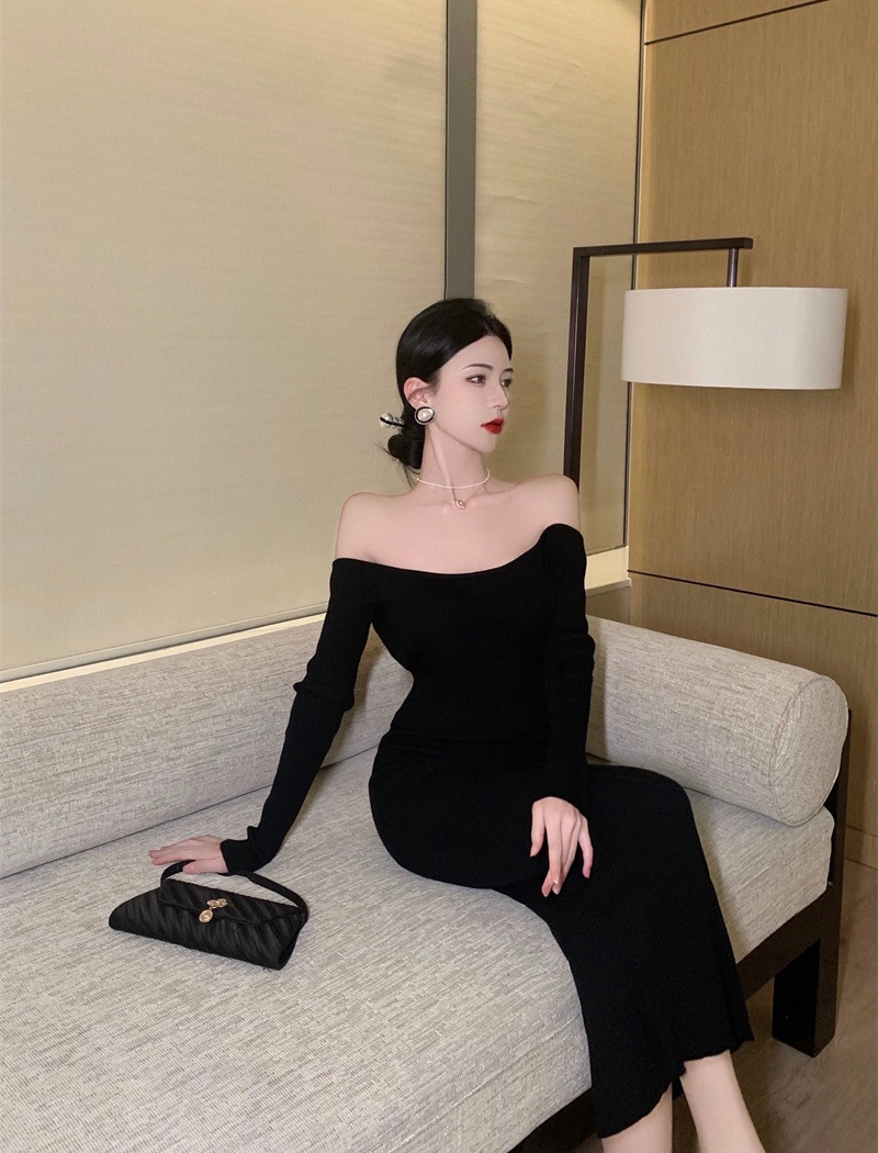 Temperament Hepburn style formal dress flat shoulder dress
