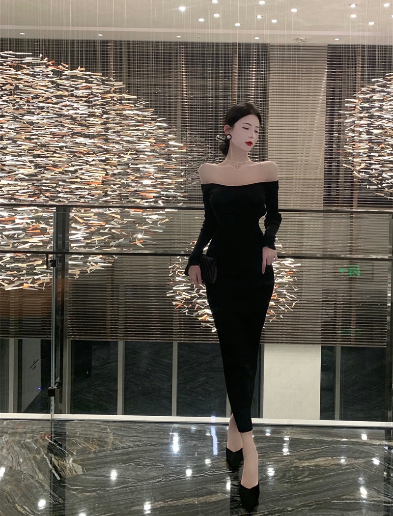 Temperament Hepburn style formal dress flat shoulder dress