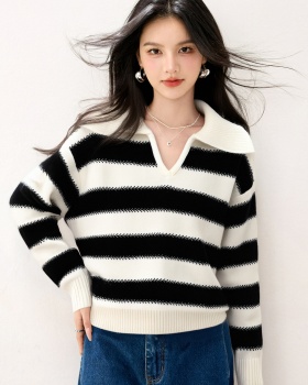 Casual lapel loose lazy stripe autumn sweater for women