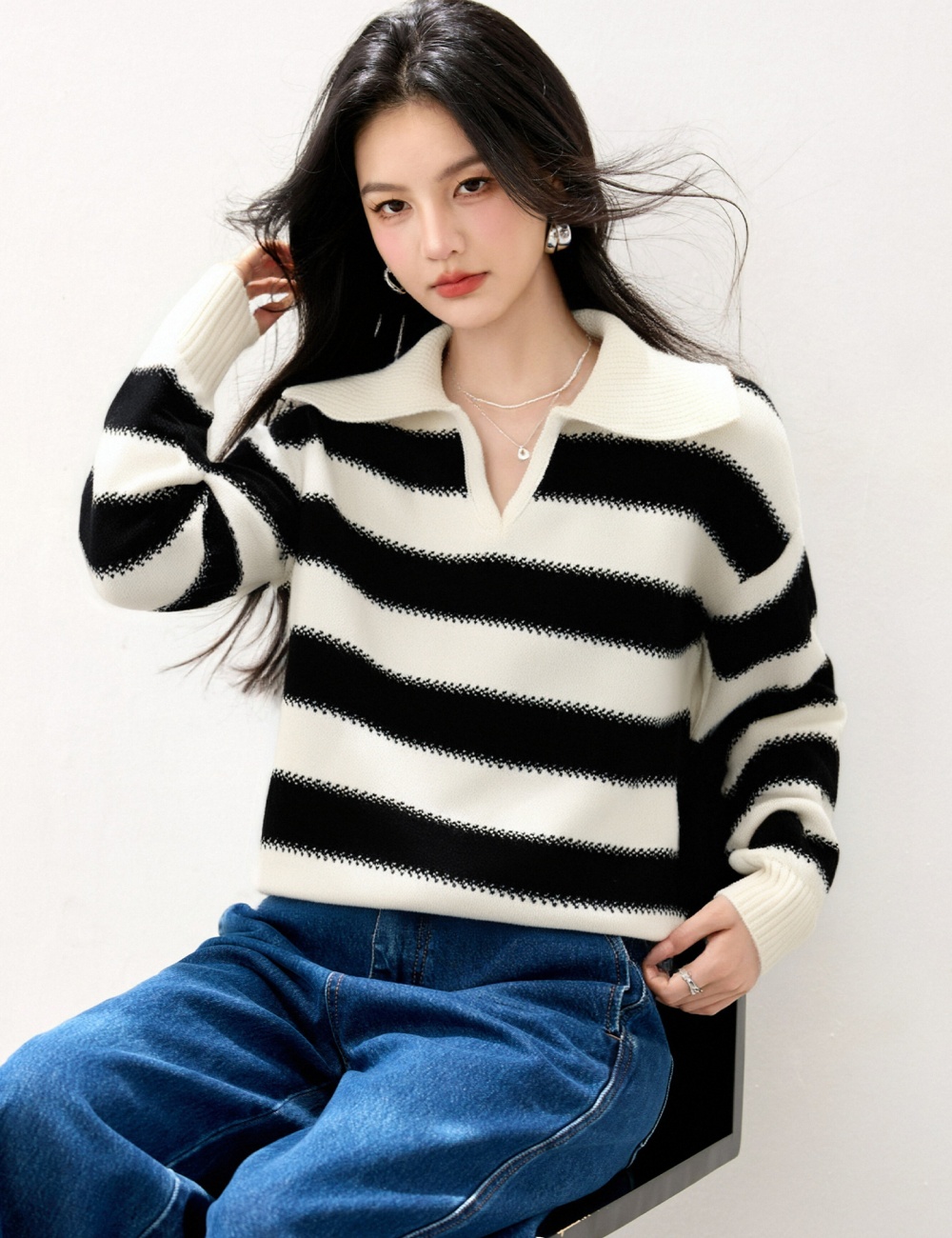 Casual lapel loose lazy stripe autumn sweater for women