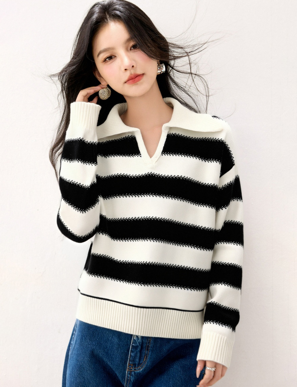 Casual lapel loose lazy stripe autumn sweater for women