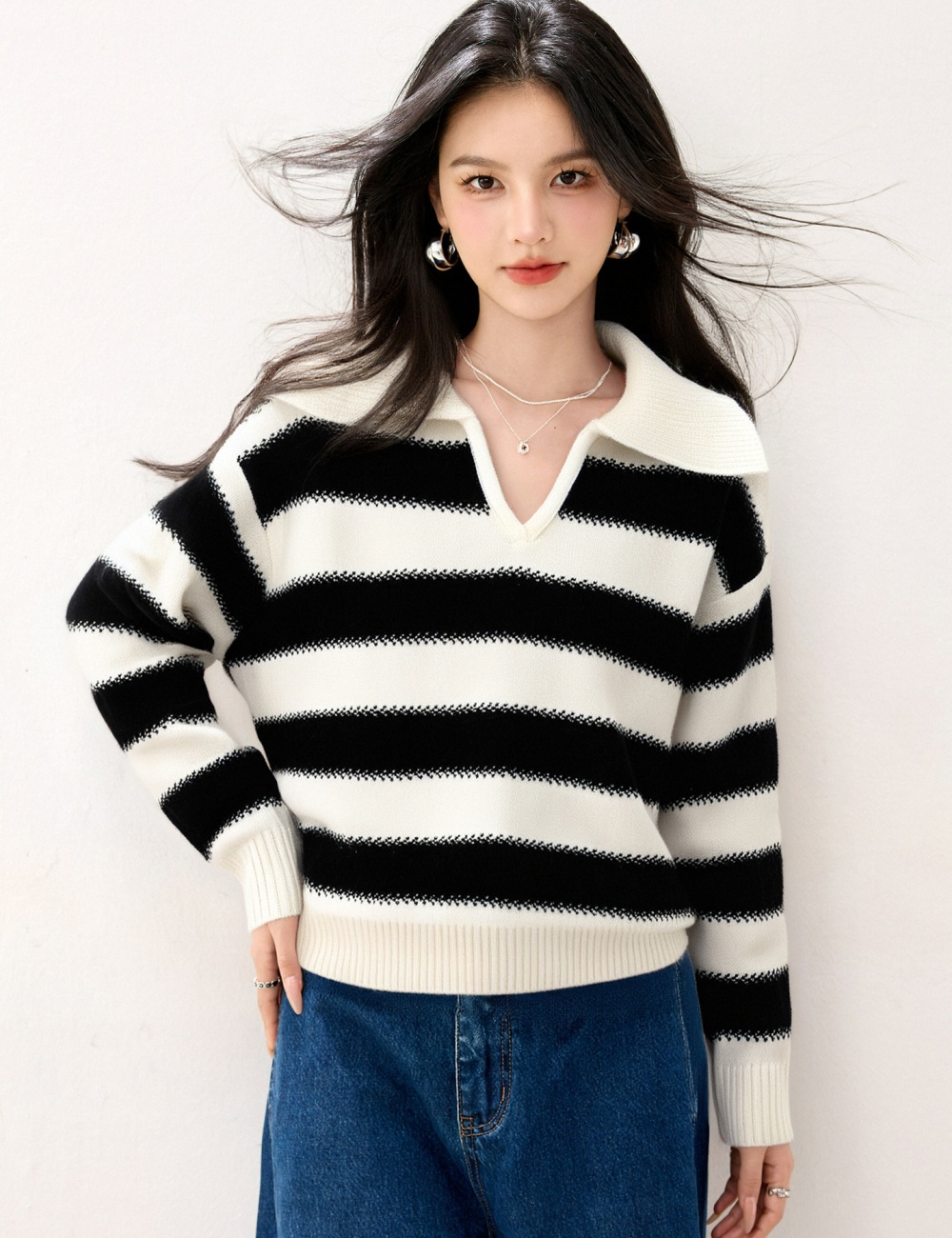 Casual lapel loose lazy stripe autumn sweater for women