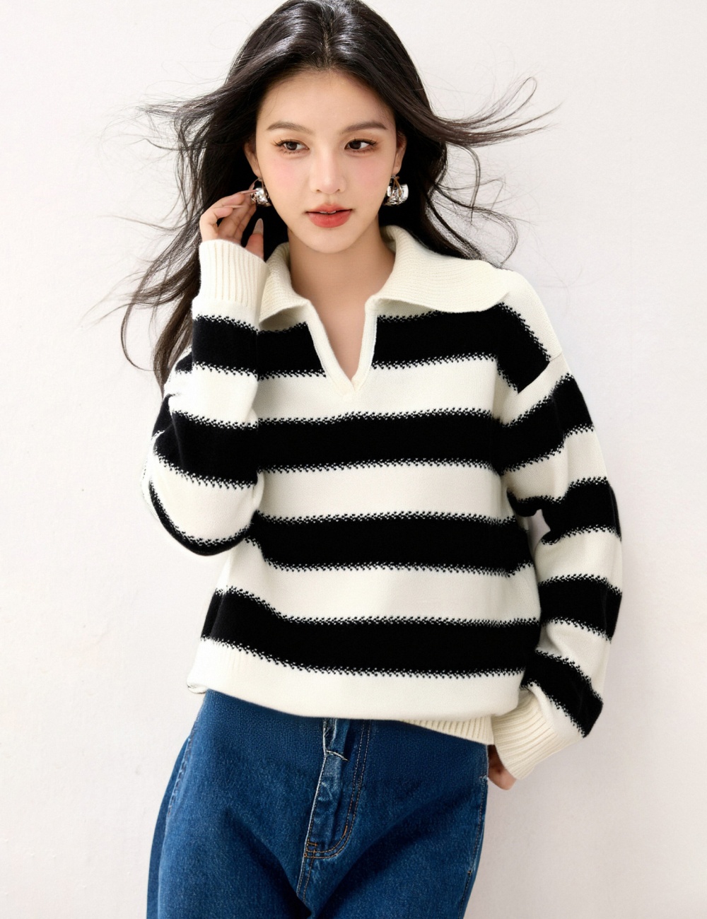 Casual lapel loose lazy stripe autumn sweater for women