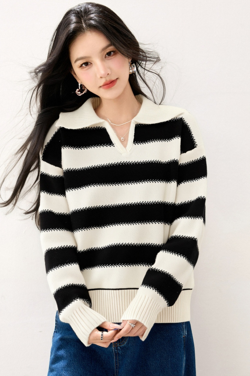 Casual lapel loose lazy stripe autumn sweater for women