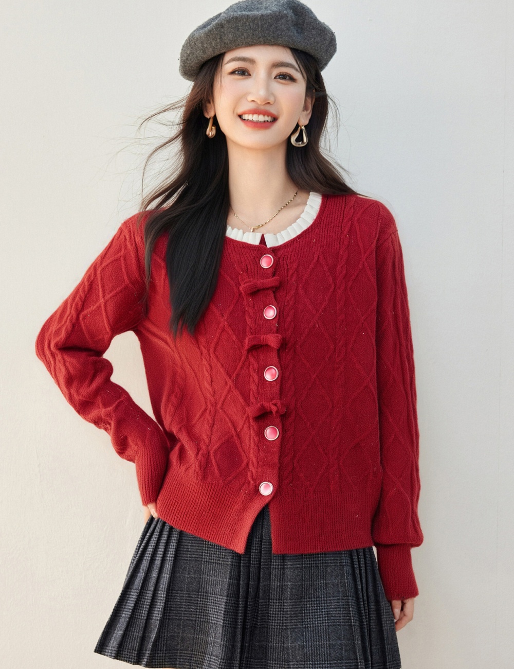 France style cardigan red sweater for women