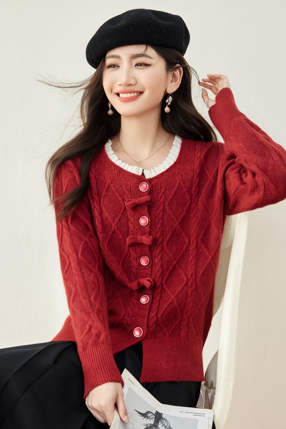 France style cardigan red sweater for women