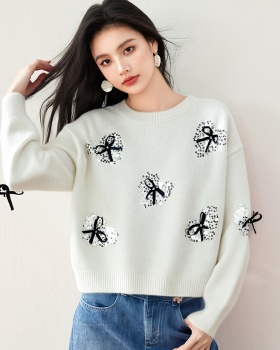 Red knitted sweater bow christmas bottoming shirt for women